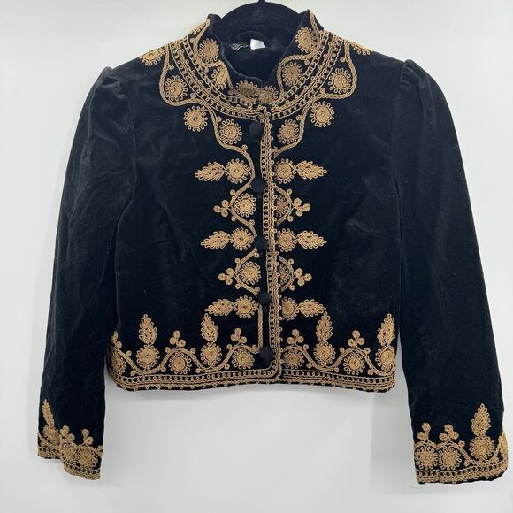 H&M Velvet Embroidered Military Jacket Sz 10 Black Gold Cropped Victorian Grunge - Picture 1 of 10